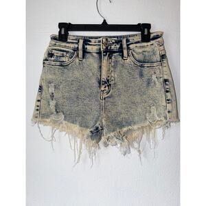 KanCan Acid Wash Raw Hem High Rise Retro Jean Shorts Distressed Size Medium